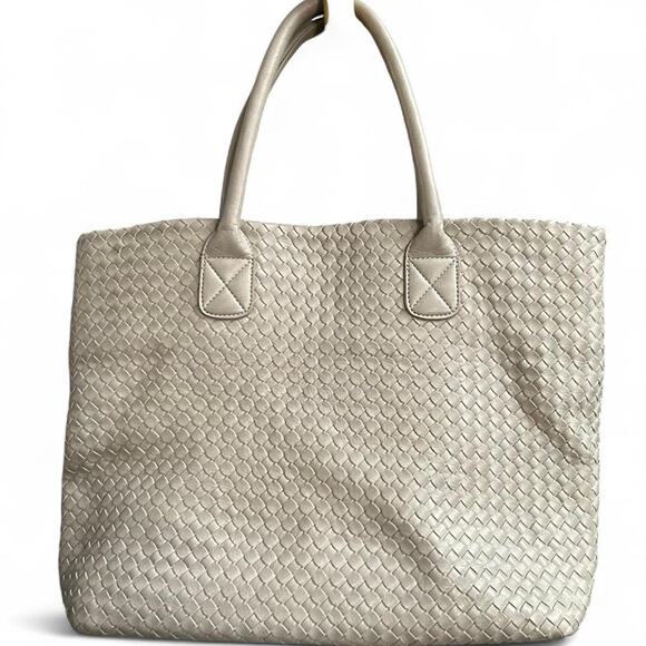 Moda Luxe Cream Woven Leather L Large Tote Bag Black White Striped Interior $140 - Picture 1 of 8